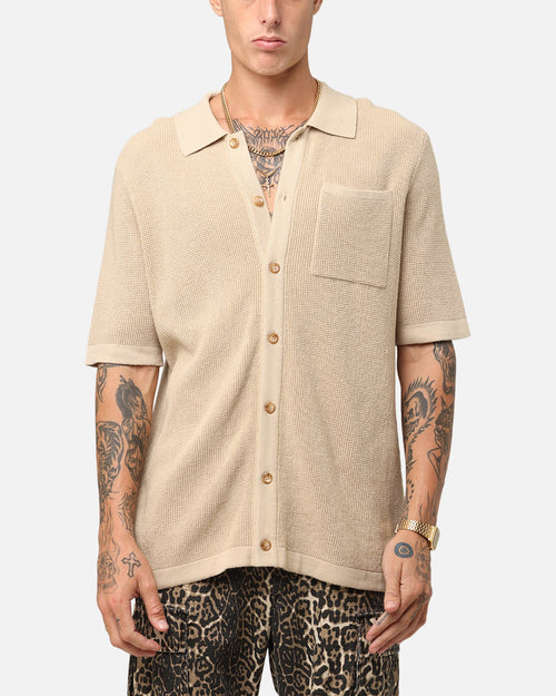 XXIII Zyair Knit Rib Button Up Shirt Tan
