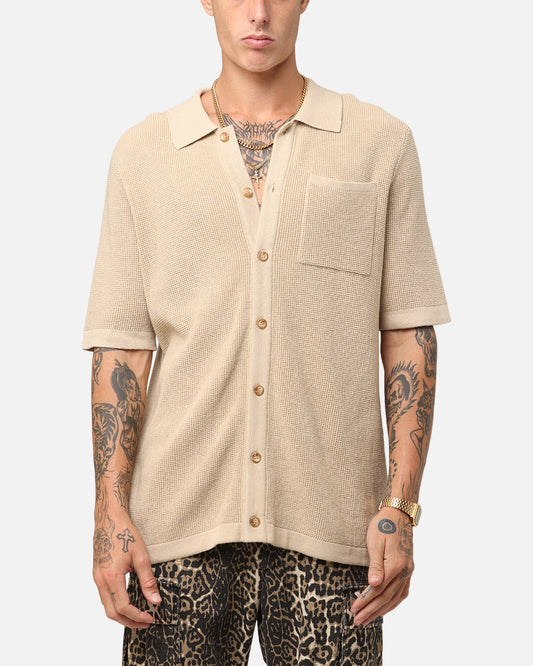 XXIII Zyair Knit Rib Button Up Shirt Tan