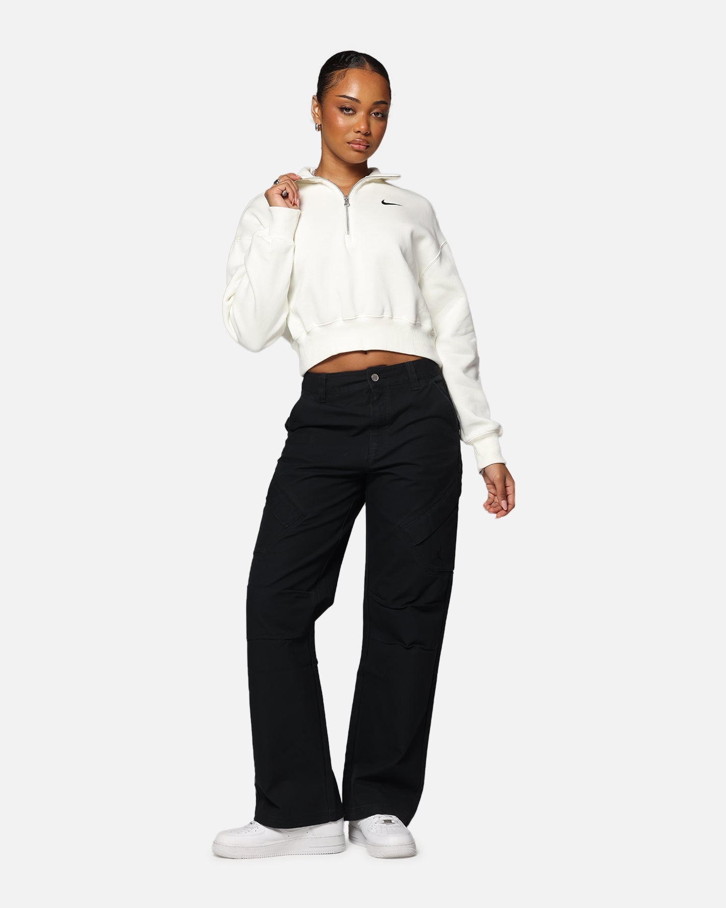Nike Women's Sportswear Style Phoenix Fleece Cropped Half Zip Sweatshirt Sail/Black