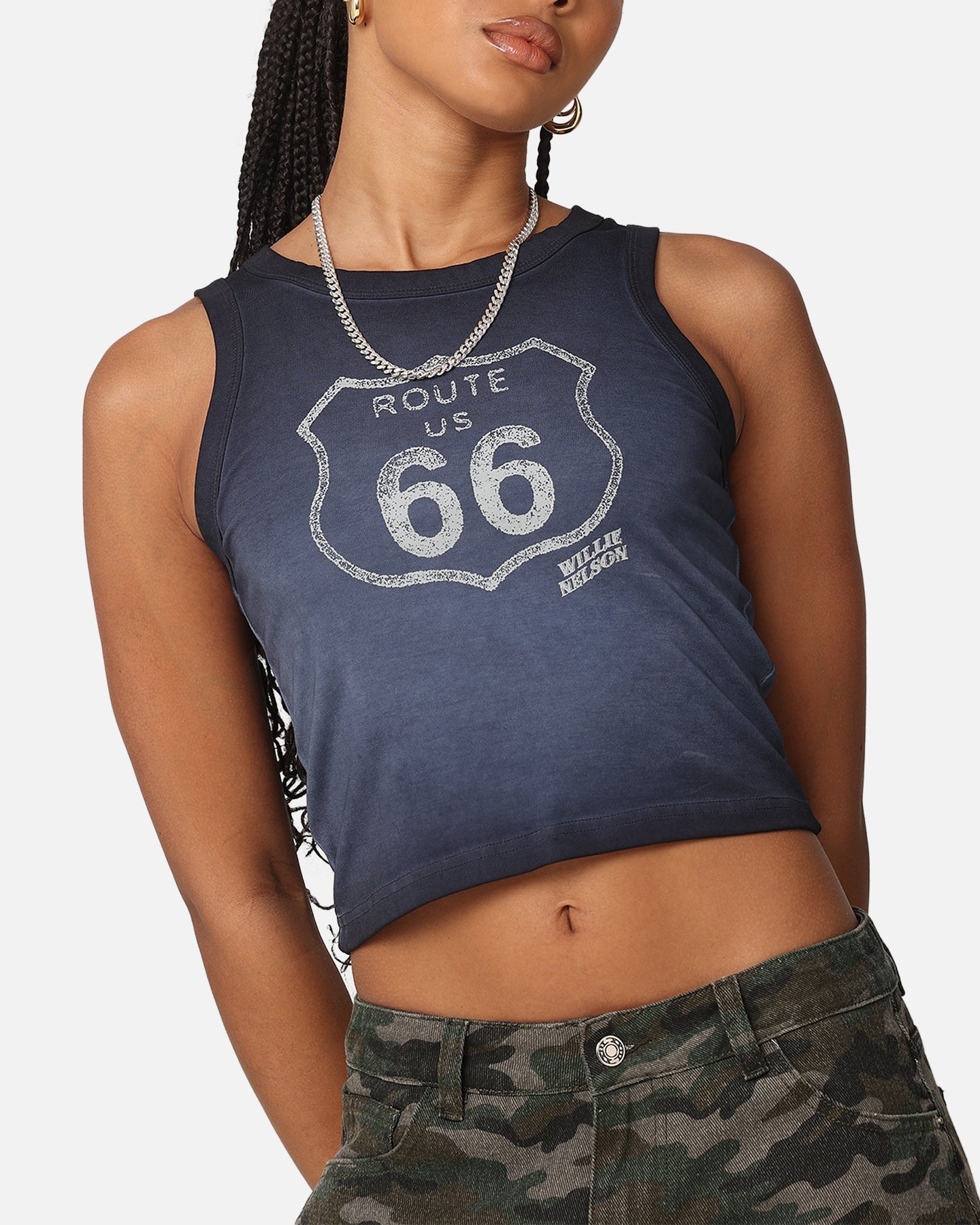 Willie Nelson Women's Route 66 Sunfade Cropped Tank Black Wash