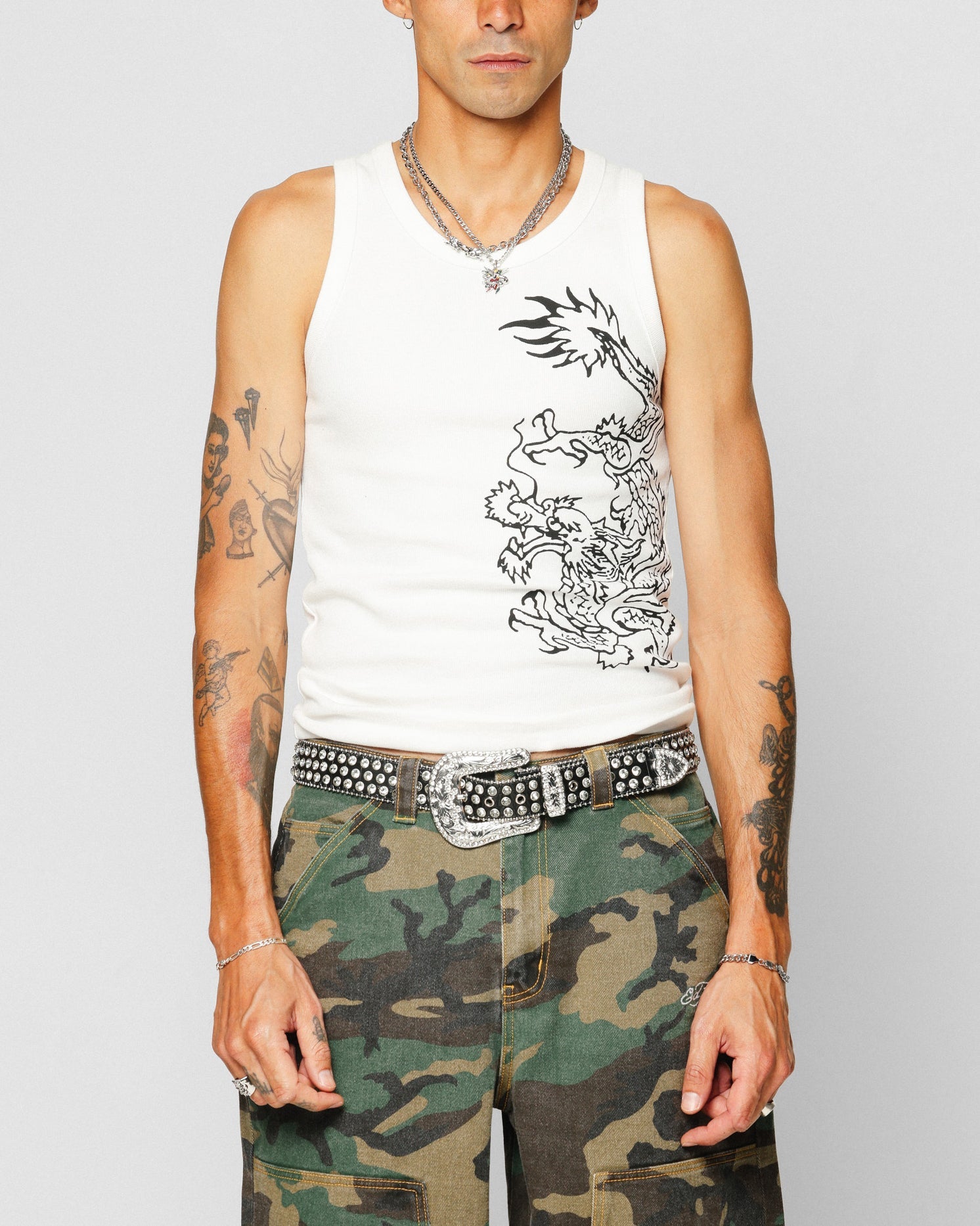 Ed Hardy Dragon Ribbed Muscle Singlet Off White