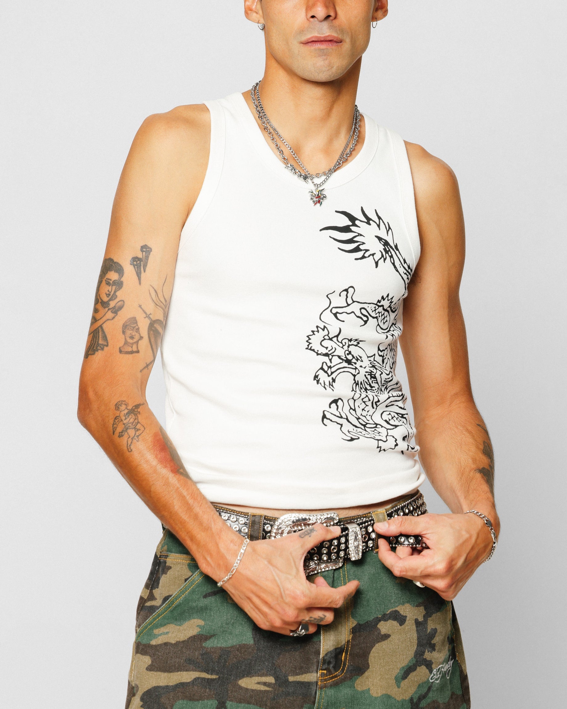 Ed Hardy Dragon Ribbed Muscle Singlet Off White