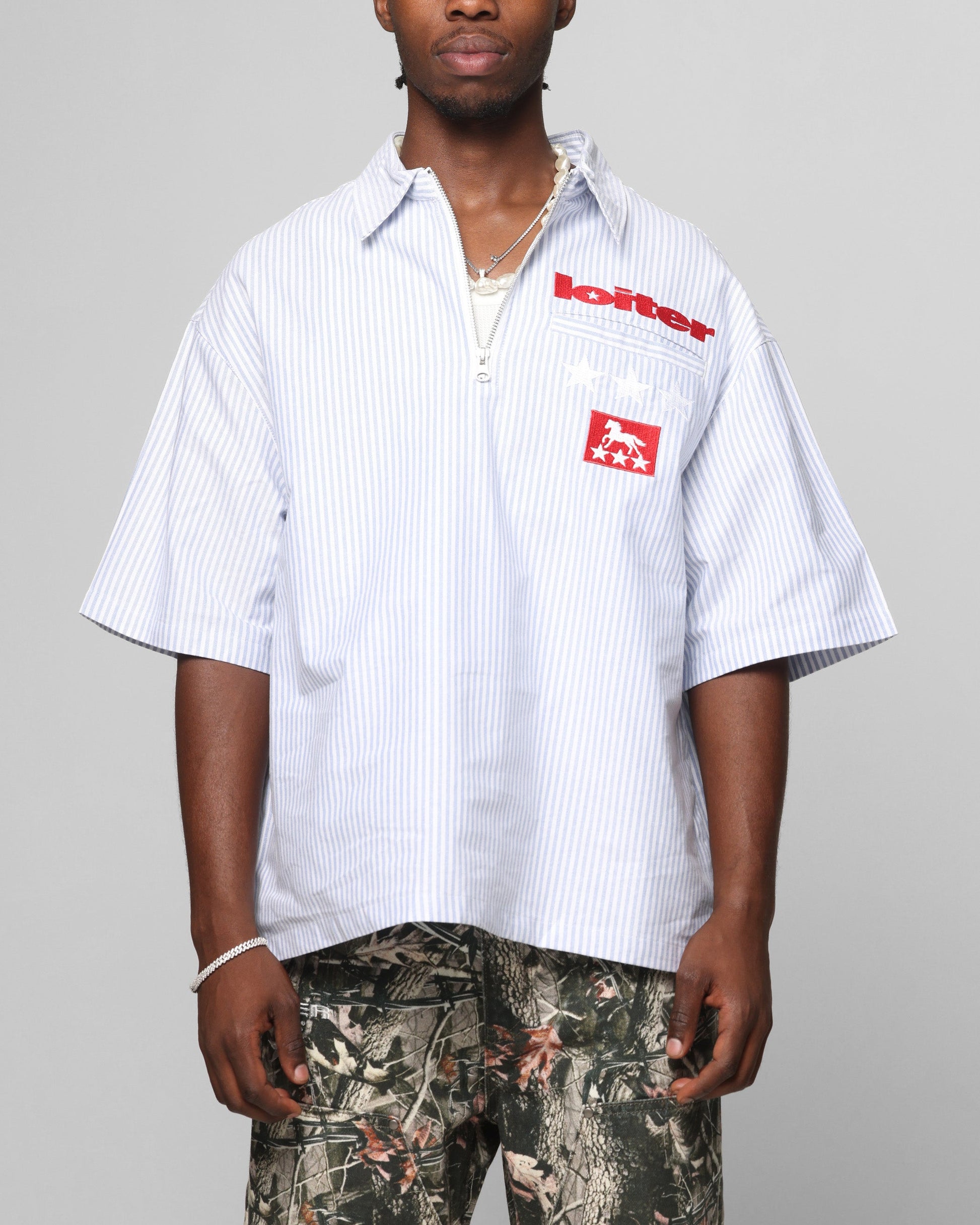 Loiter Rodeo Quarter Zip Up Shirt Blue Pin Stripe