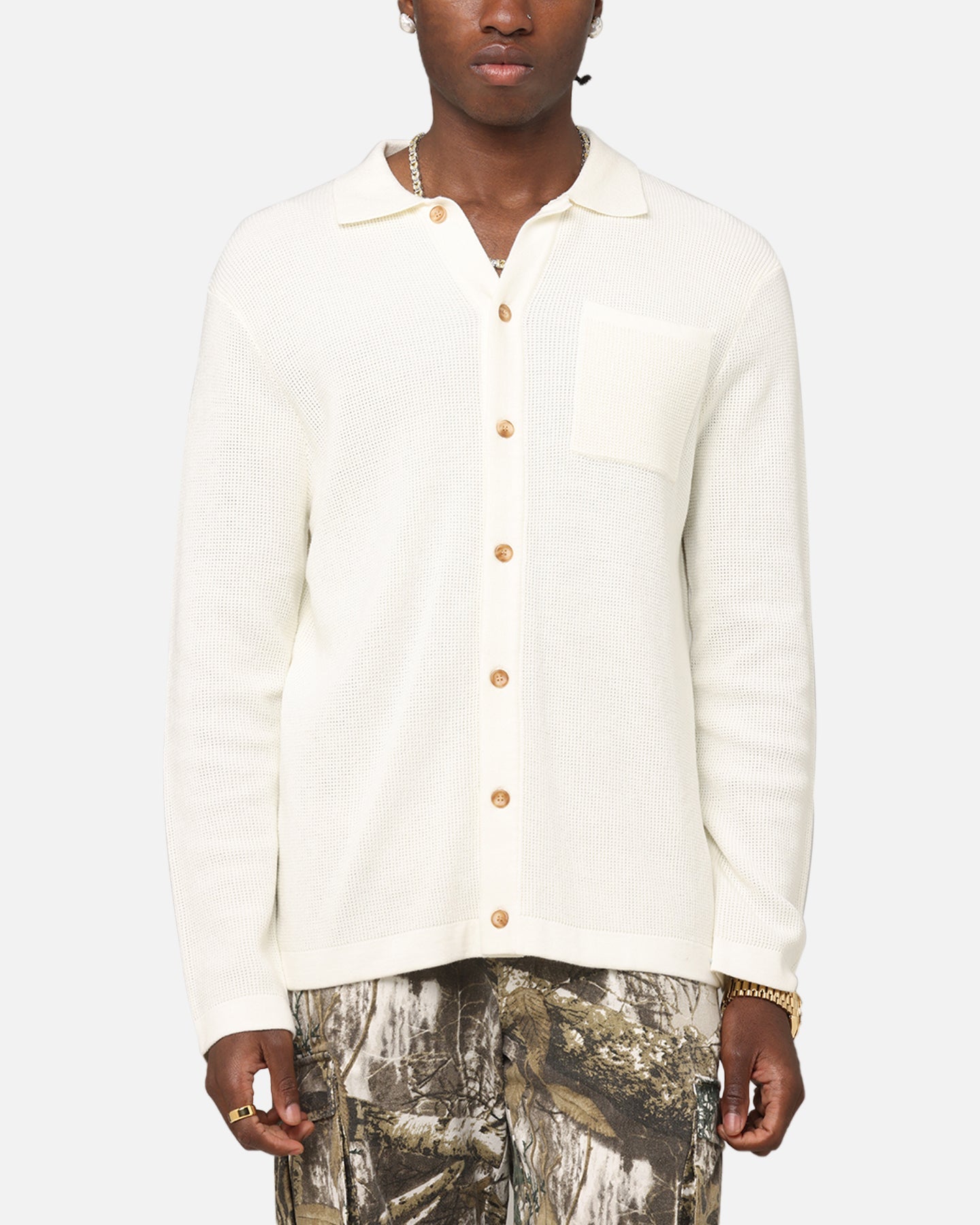 XXIII Zyair Knit Rib Long Sleeve Button Up Shirt Cream