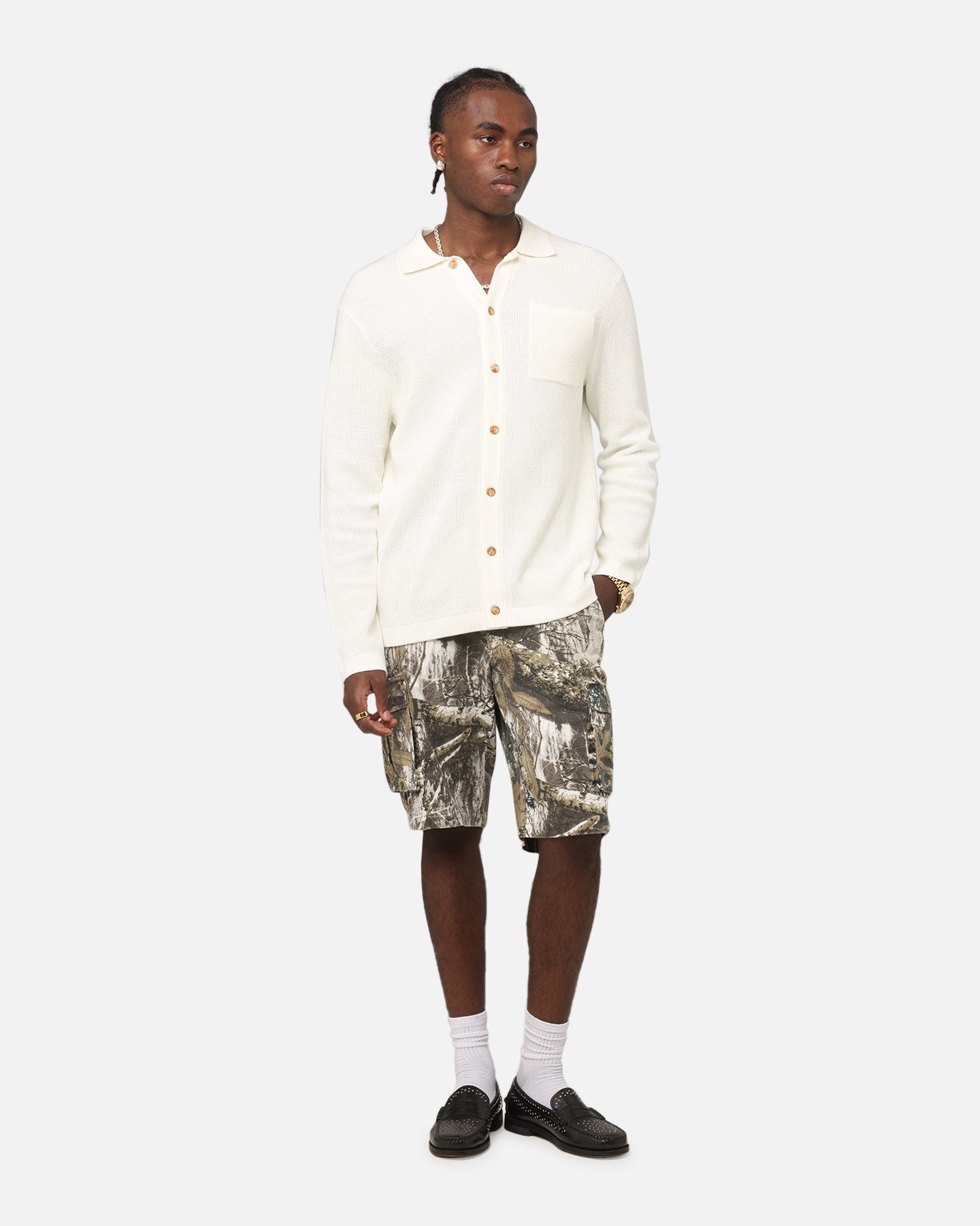 XXIII Zyair Knit Rib Long Sleeve Button Up Shirt Cream