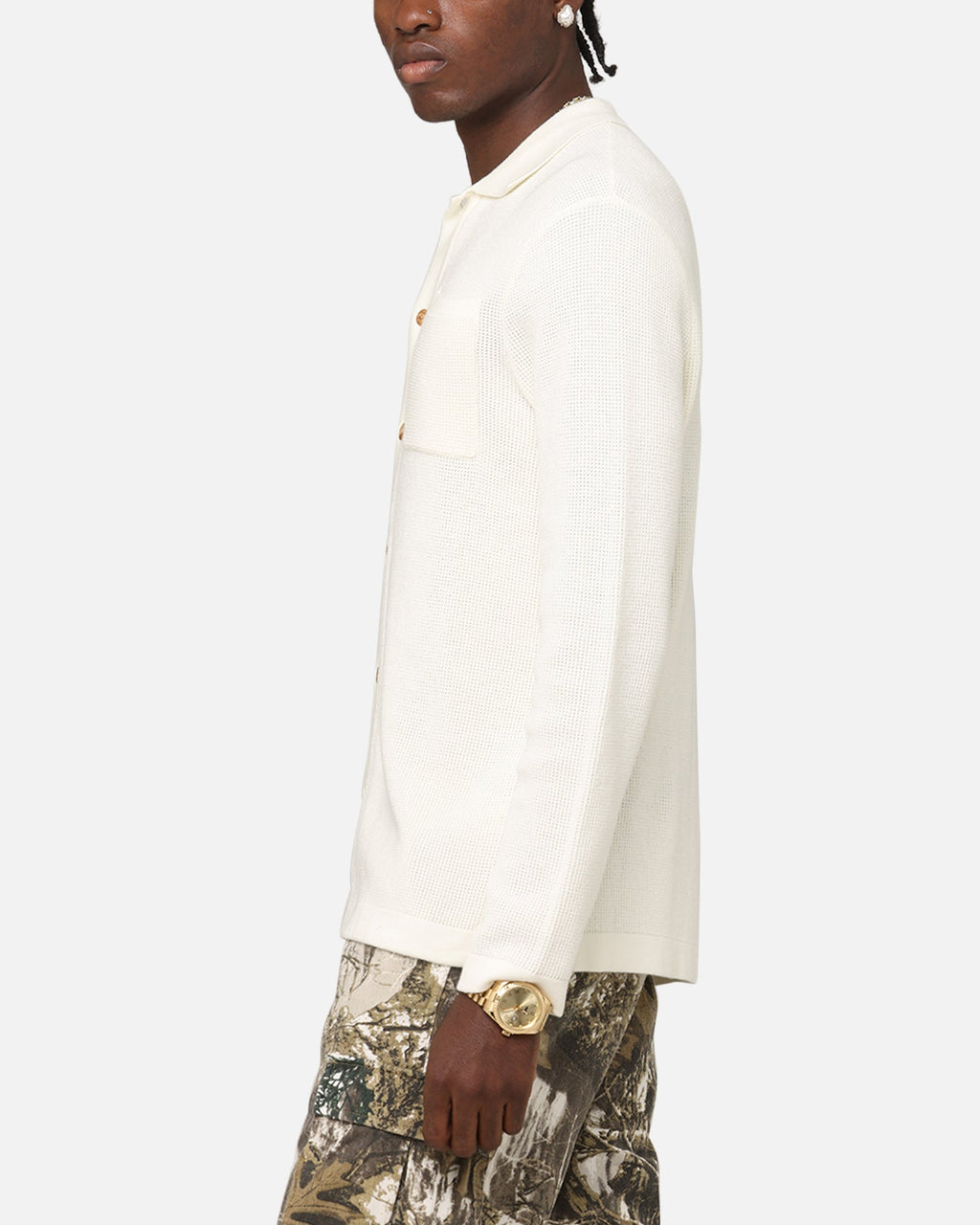 XXIII Zyair Knit Rib Long Sleeve Button Up Shirt Cream