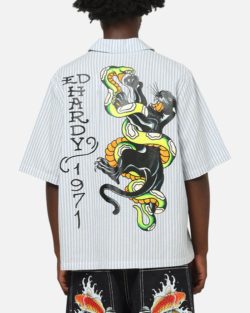 Ed Hardy Panther Button-Up Shirt Blue Pin Stripe