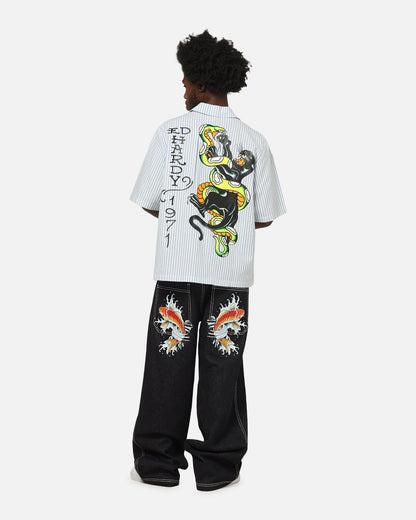 Ed Hardy Panther Button-Up Shirt Blue Pin Stripe