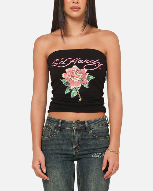 Ed Hardy Women's Rhinestone Rose Boob Tube Black