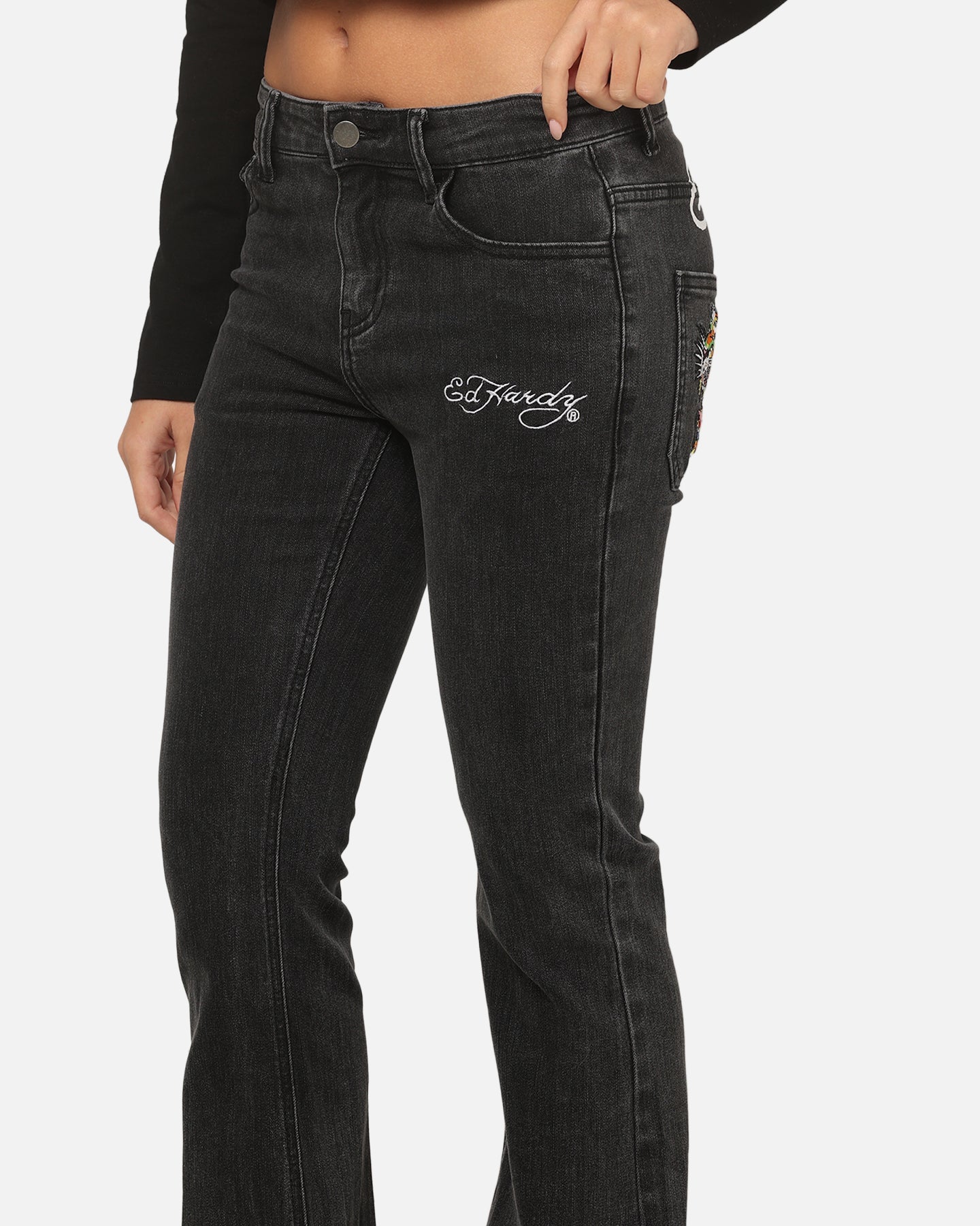 Ed Hardy Women's Tiger Bootcut Jeans Washed Black