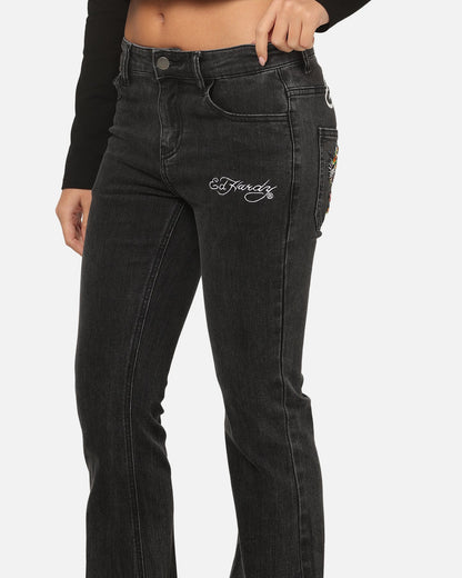 Ed Hardy Women's Tiger Bootcut Jeans Washed Black